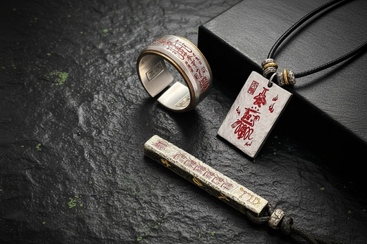 Taoist silver jewelry arranged as symbolic daily objects