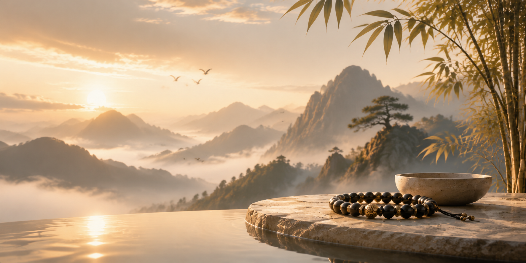 Daogenlife Taoist mountain landscape with bracelet at sunrise
